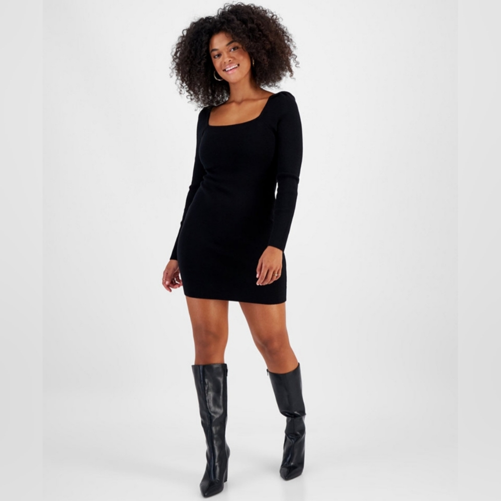 BAR III Women's Square-Neck Long-Sleeve Bodycon Black Dress Size Large NWT